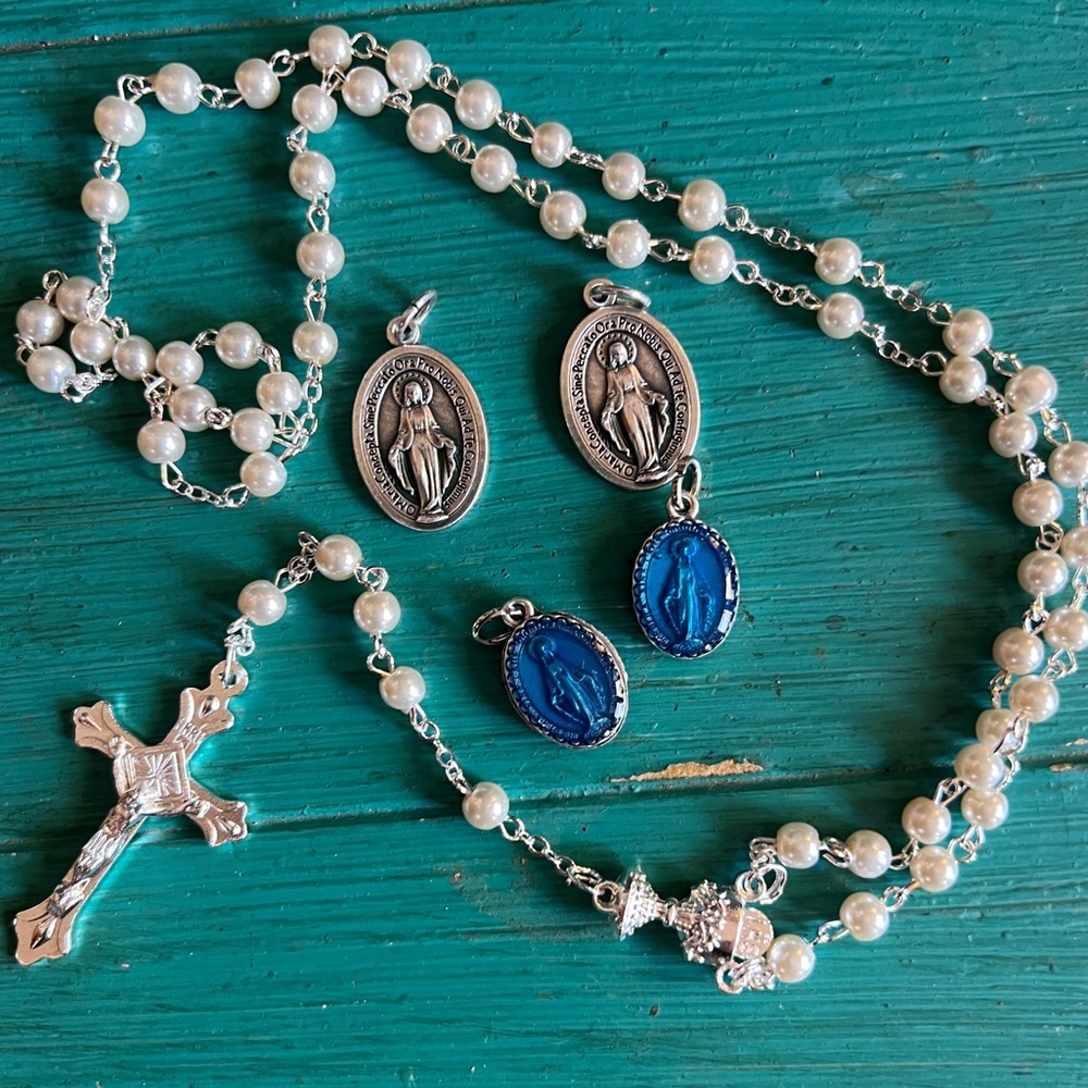 Gorgeous Set of Catholic Miraculous Medals and Pearl Rosary from Italy